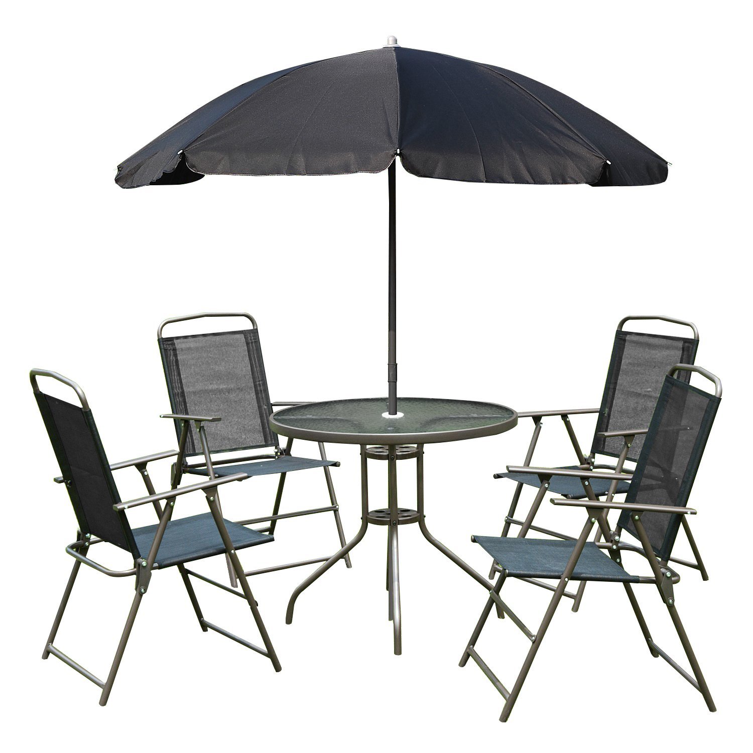 Outsunny 6pc Patio Dining Furniture Set with Included Umbrella, 4 Folding Dining Chairs & a Glass-Top Dinner Table - Black