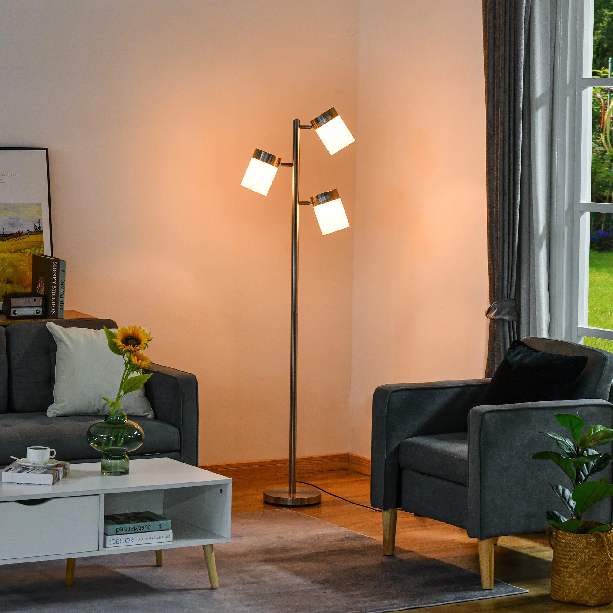 HOMCOM Modern Floor Lamp, Standing Light with 3 Rotating Lights for Living Room, Bedroom, Office, Silver