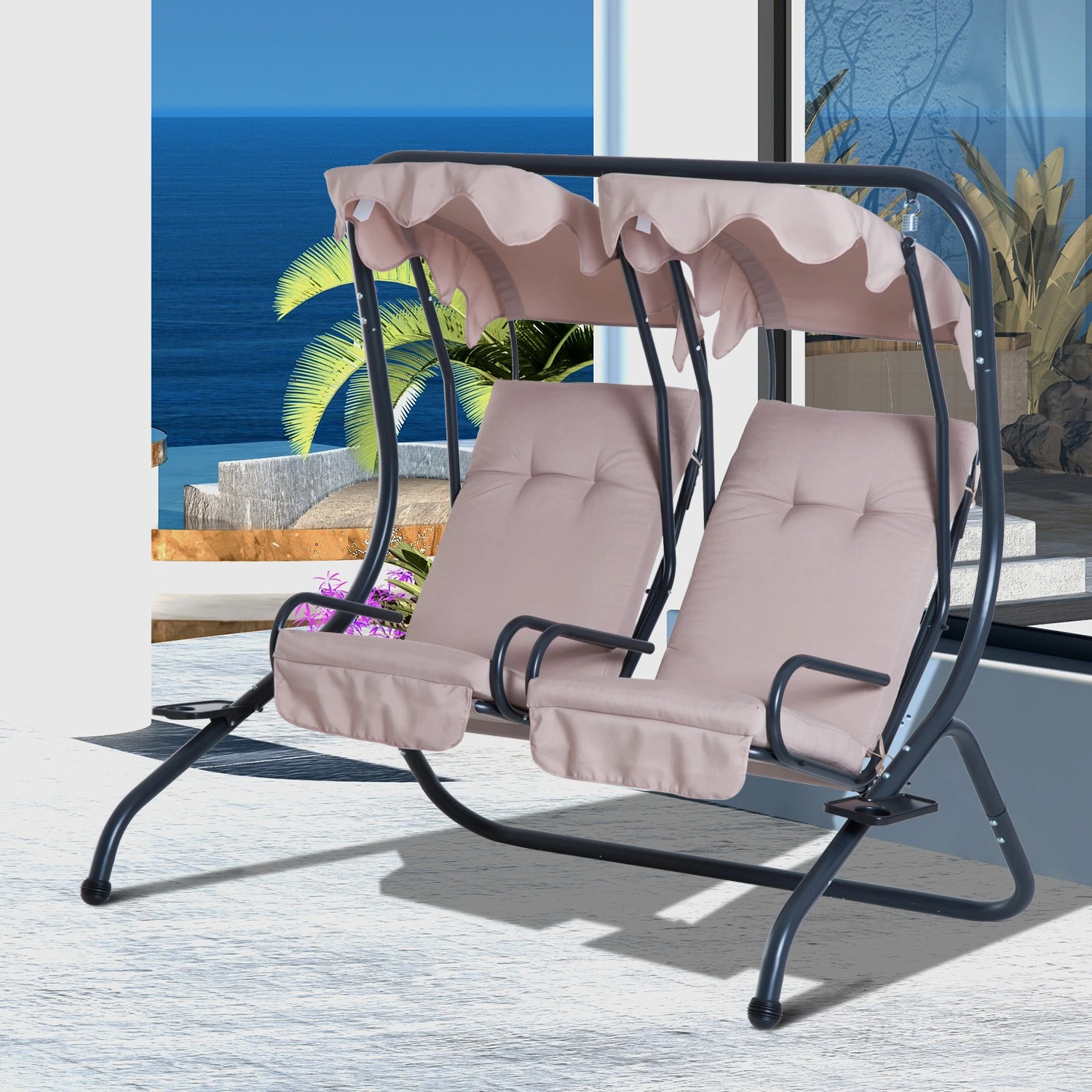 Outsunny 2 Seat Modern Outdoor Swing Chair with Cupholders and Removable Canopy