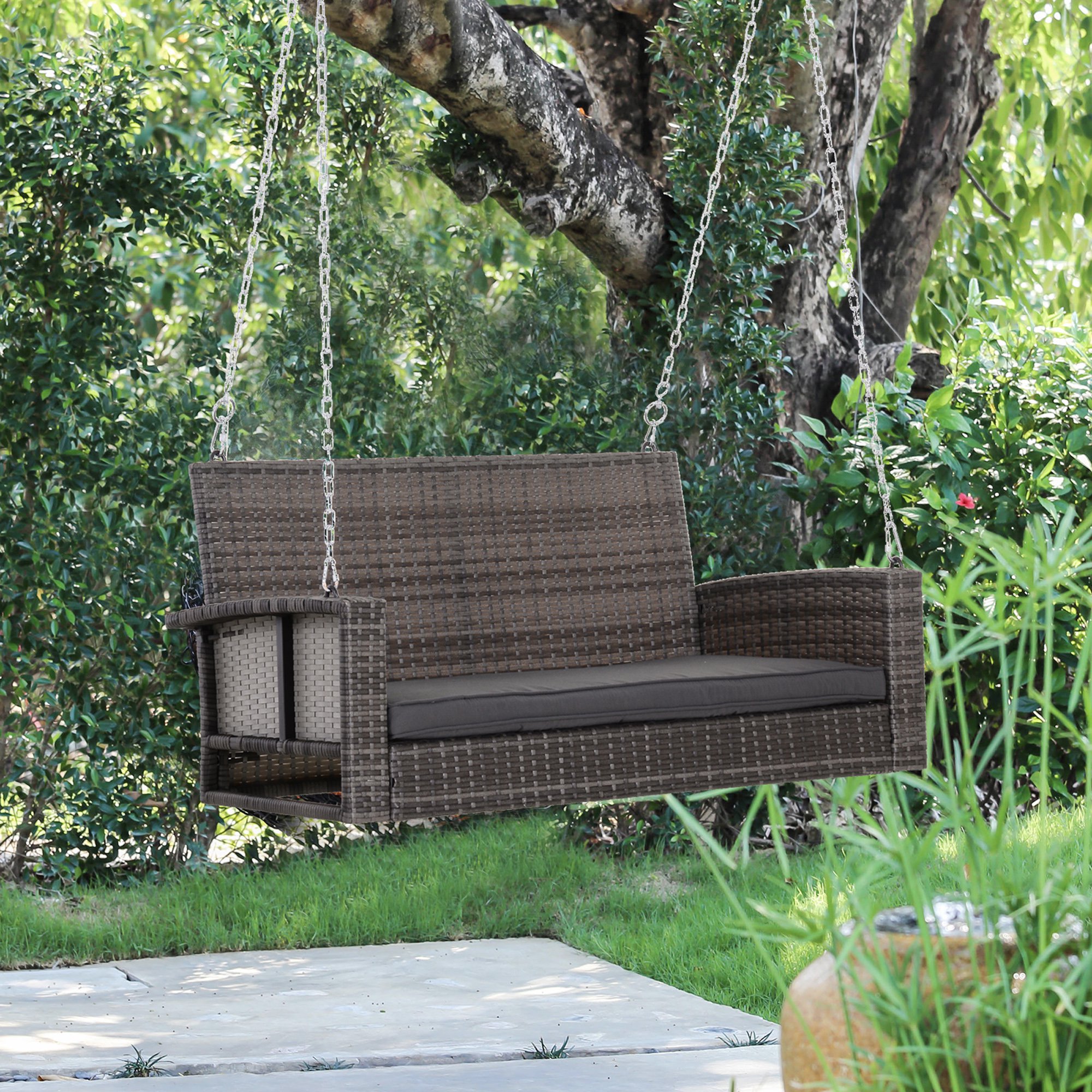 Outsunny 2-Person Outdoor Wicker Hanging Porch Swing Bench with Cushion