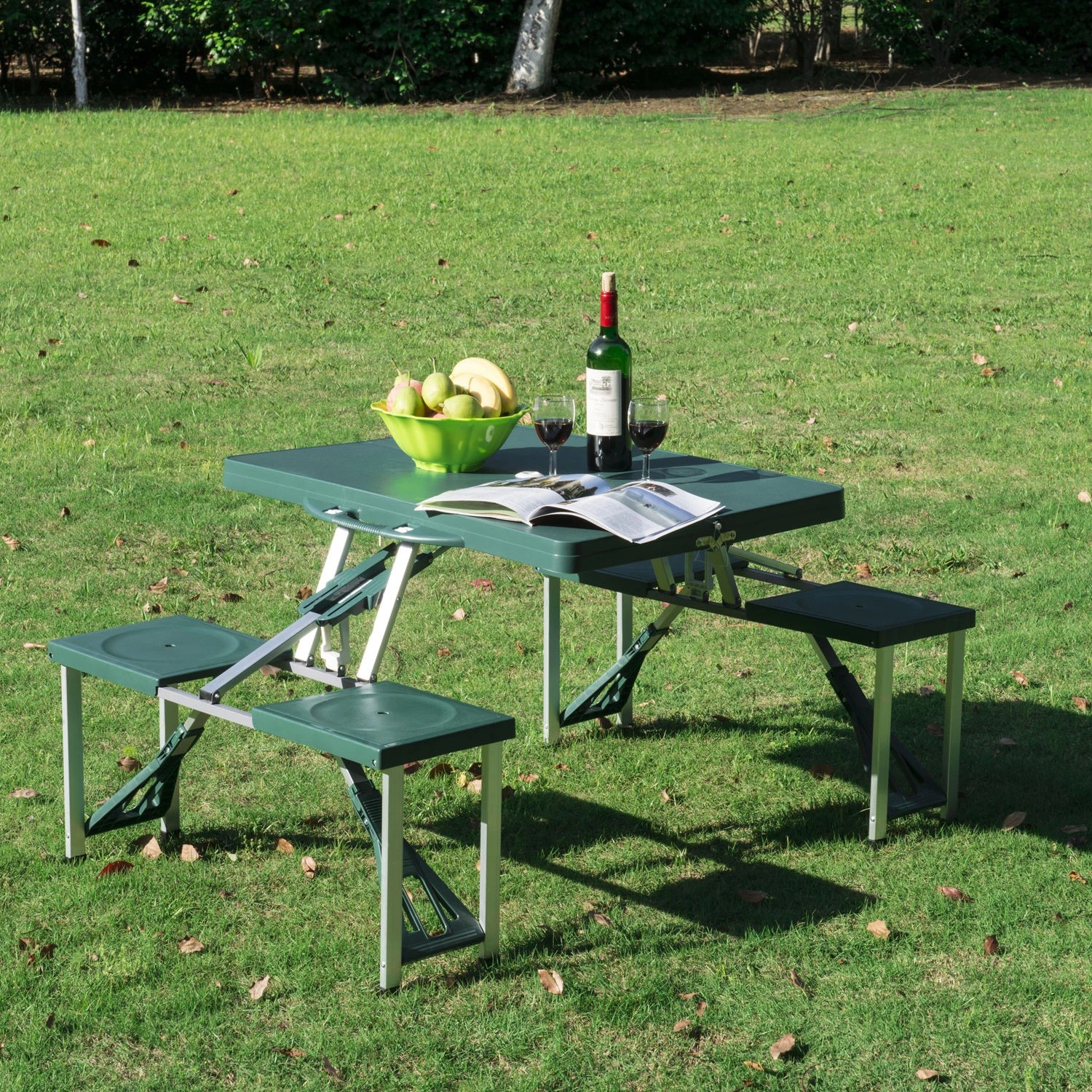 4 Person Plastic Portable Compact Folding Suitcase Picnic Table Set with Umbrella Hole - Green