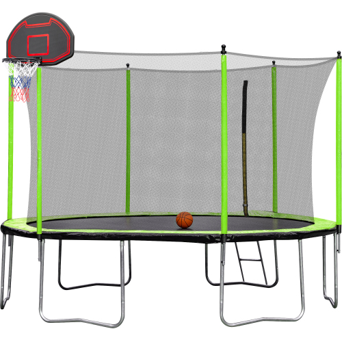 12FT Trampoline with Basketball Hoop Inflator and Ladder(Inner Safety Enclosure) Green