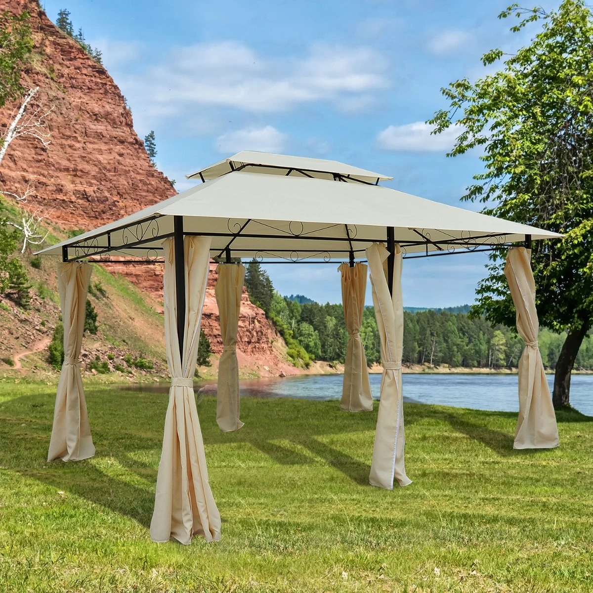 Outsunny 13' x 10' Outdoor 2-Tier Metal Patio Gazebo with Curtains - Black / Cream