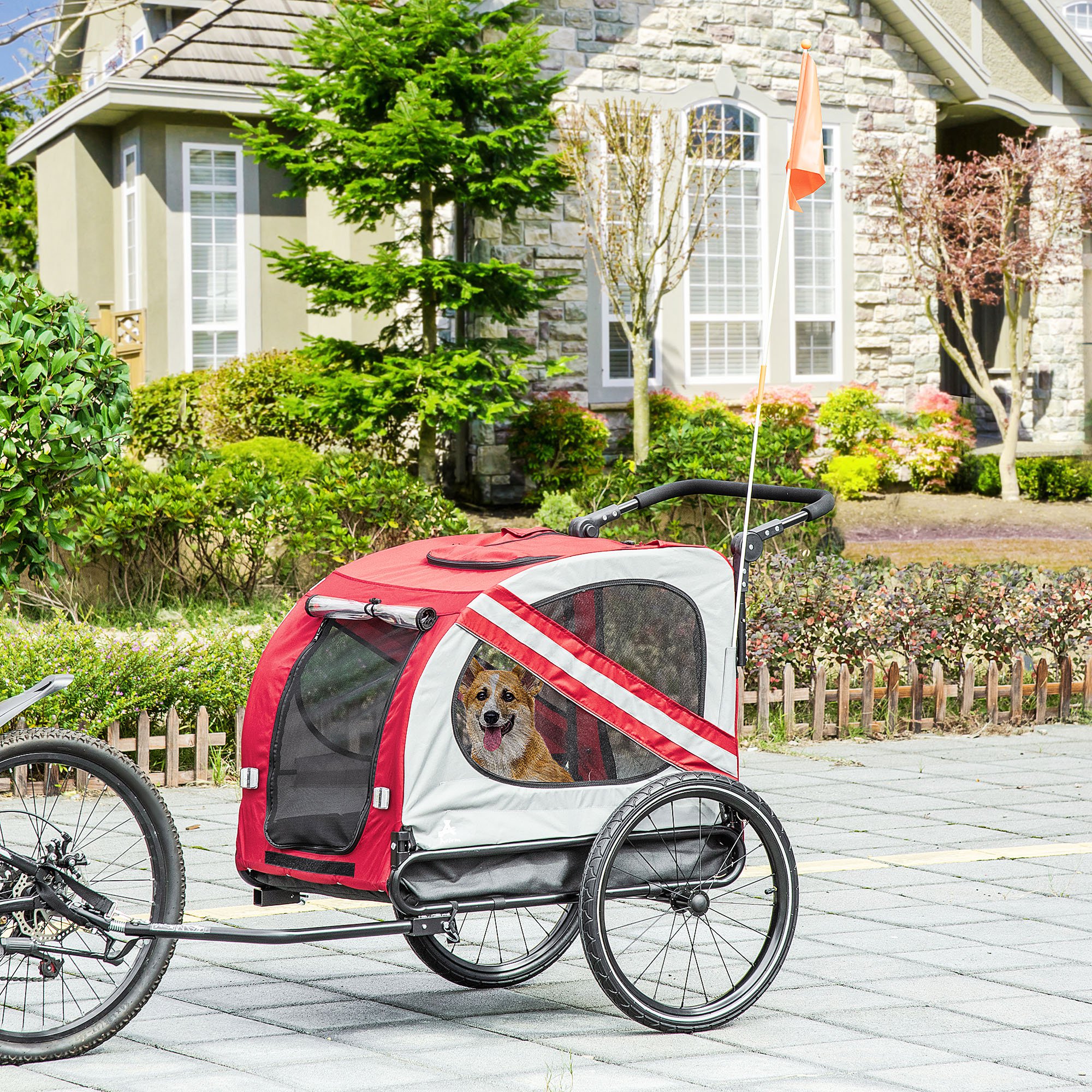 Aosom 2-In-1 Dog Bike Trailer Pet Stroller with Universal Wheel Reflector Flag, Red