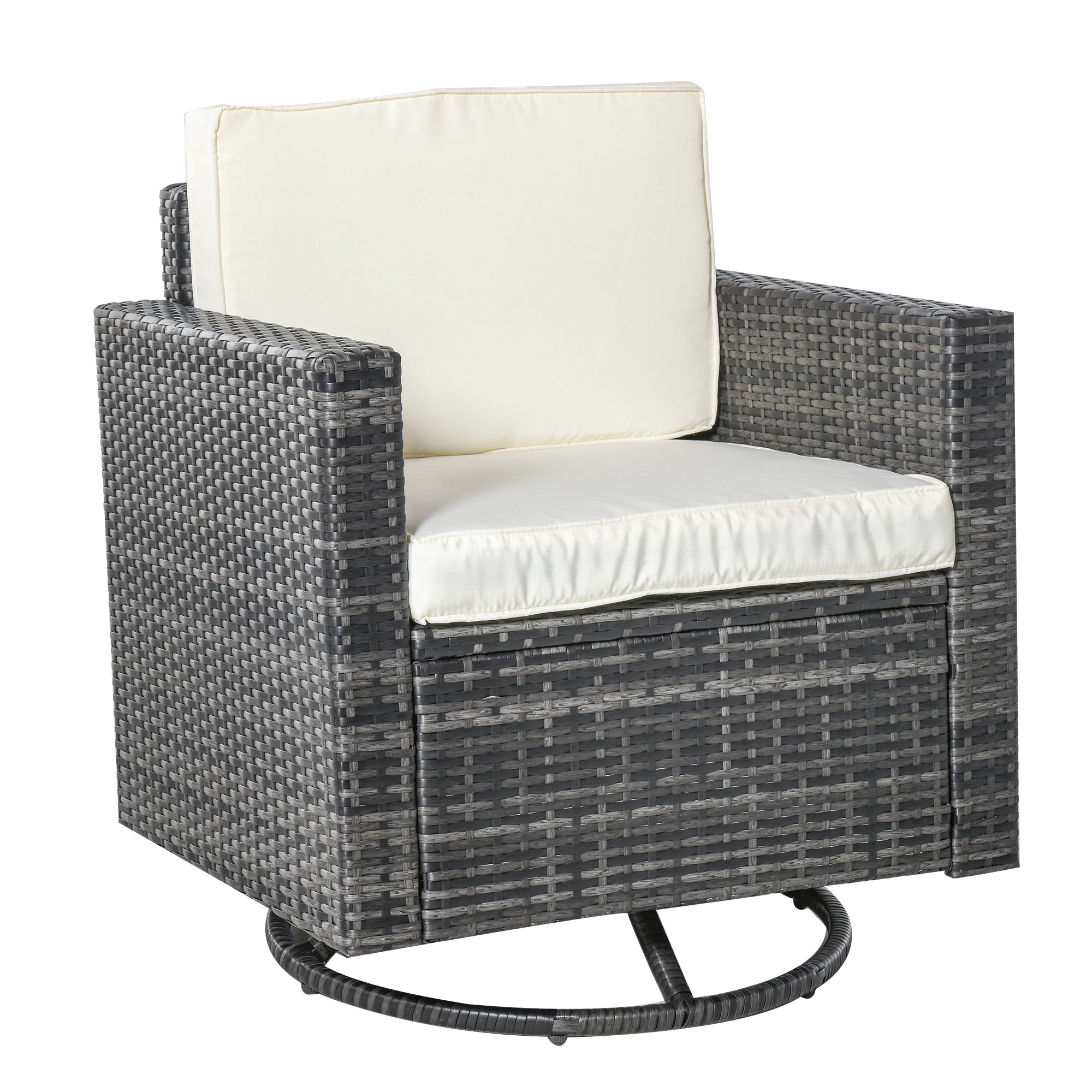 Outsunny Outdoor 360° Swivel PE Wicker Lounge Armchair with Thick Soft Padded Cushions & Strong Steel Frame, Cream White
