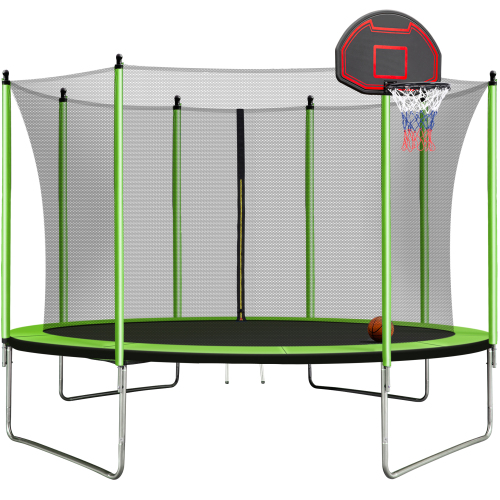 10FT Trampoline with Basketball Hoop Inflator and Ladder(Inner Safety Enclosure) Green