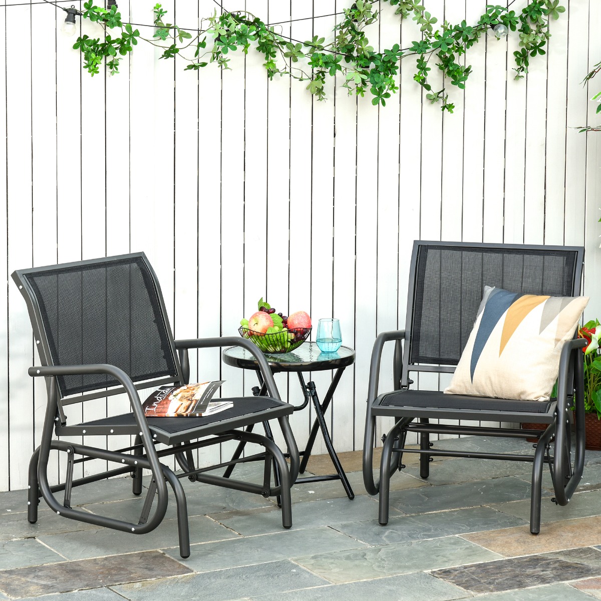 Outsunny 2-Piece Outdoor Gliding/Rocking Chair Set with Breathable Mesh Fabric, Curved Armrests & Steel Frame, Black