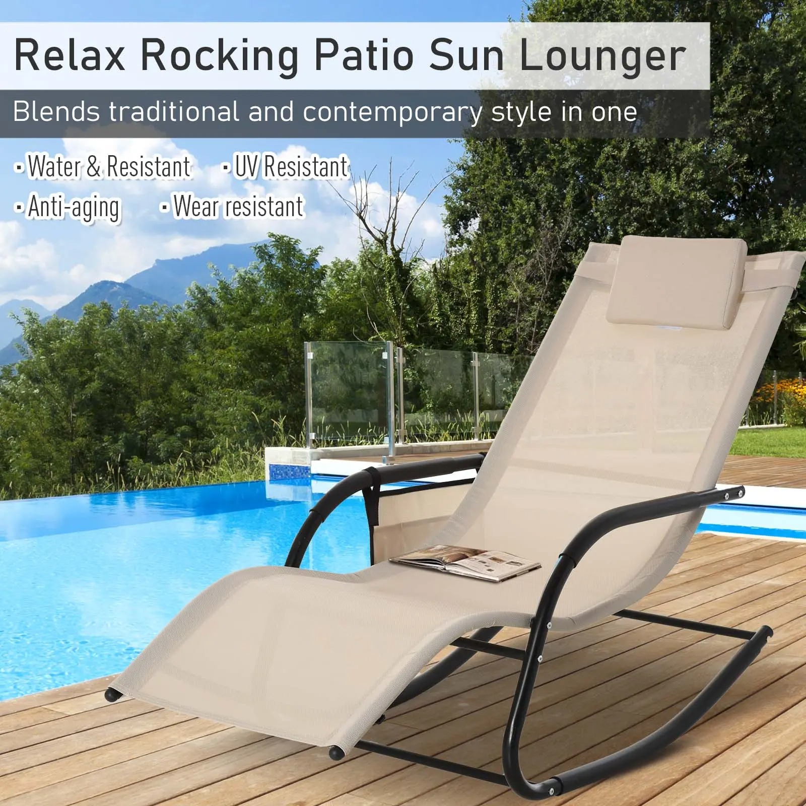 Rocking Recliner, Sling Sun Lounger with Removable Headrest, Cream White