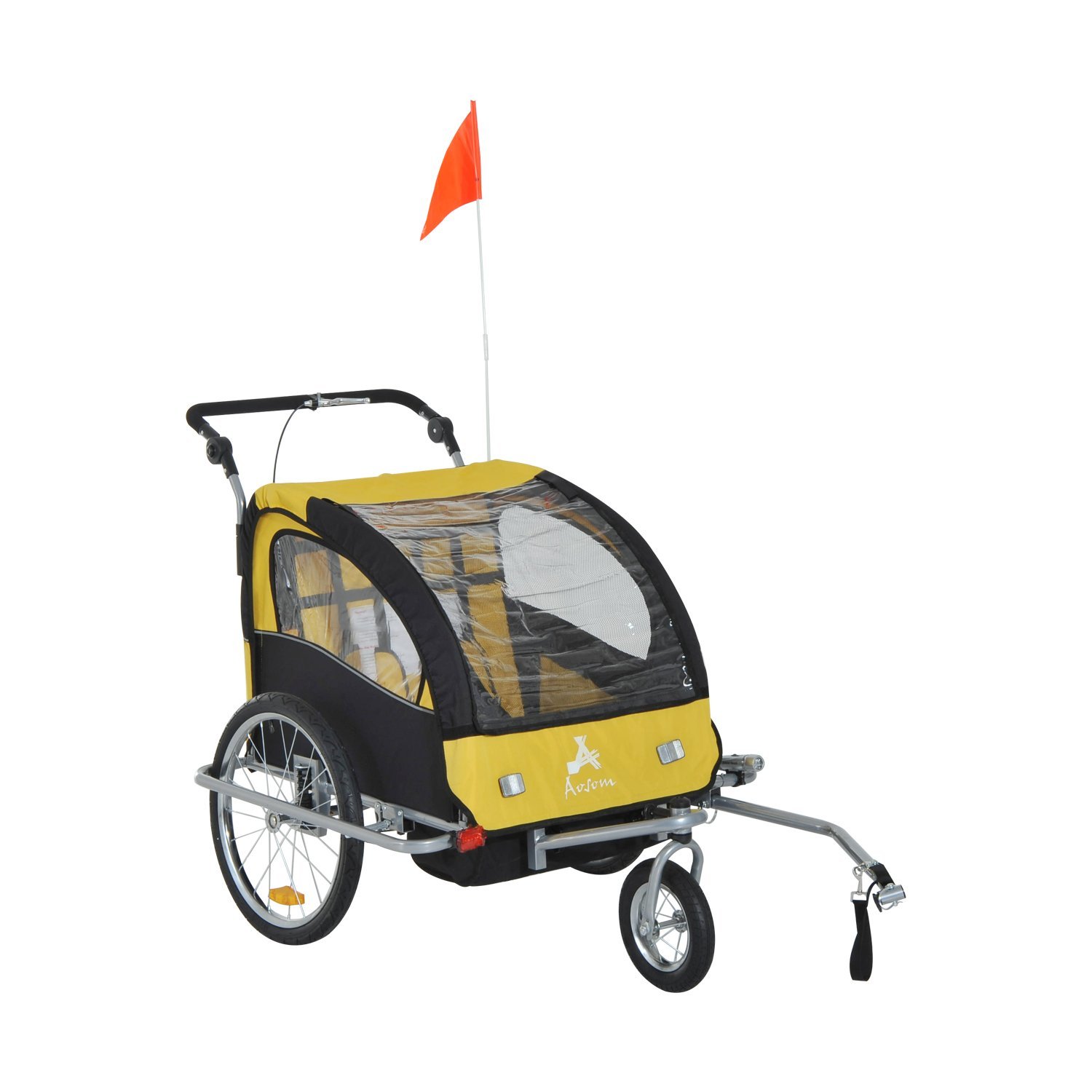 Aosom Elite II 2-In-1 Double Child Two-Wheel Bicycle Trailer, Stroller and Jogger with 2 Safety Harnesses - Yellow / Black