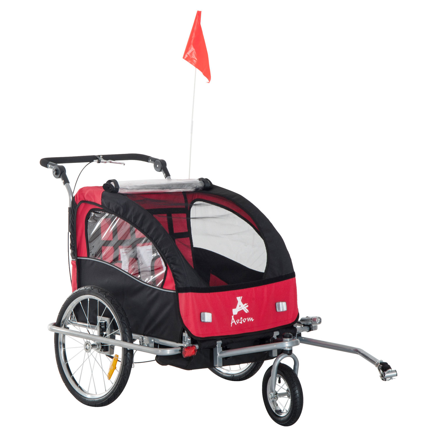 Aosom Elite II 2-In-1 Double Child Two-Wheel Bicycle Trailer, Stroller and Jogger with 2 Safety Harnesses - Red / Black
