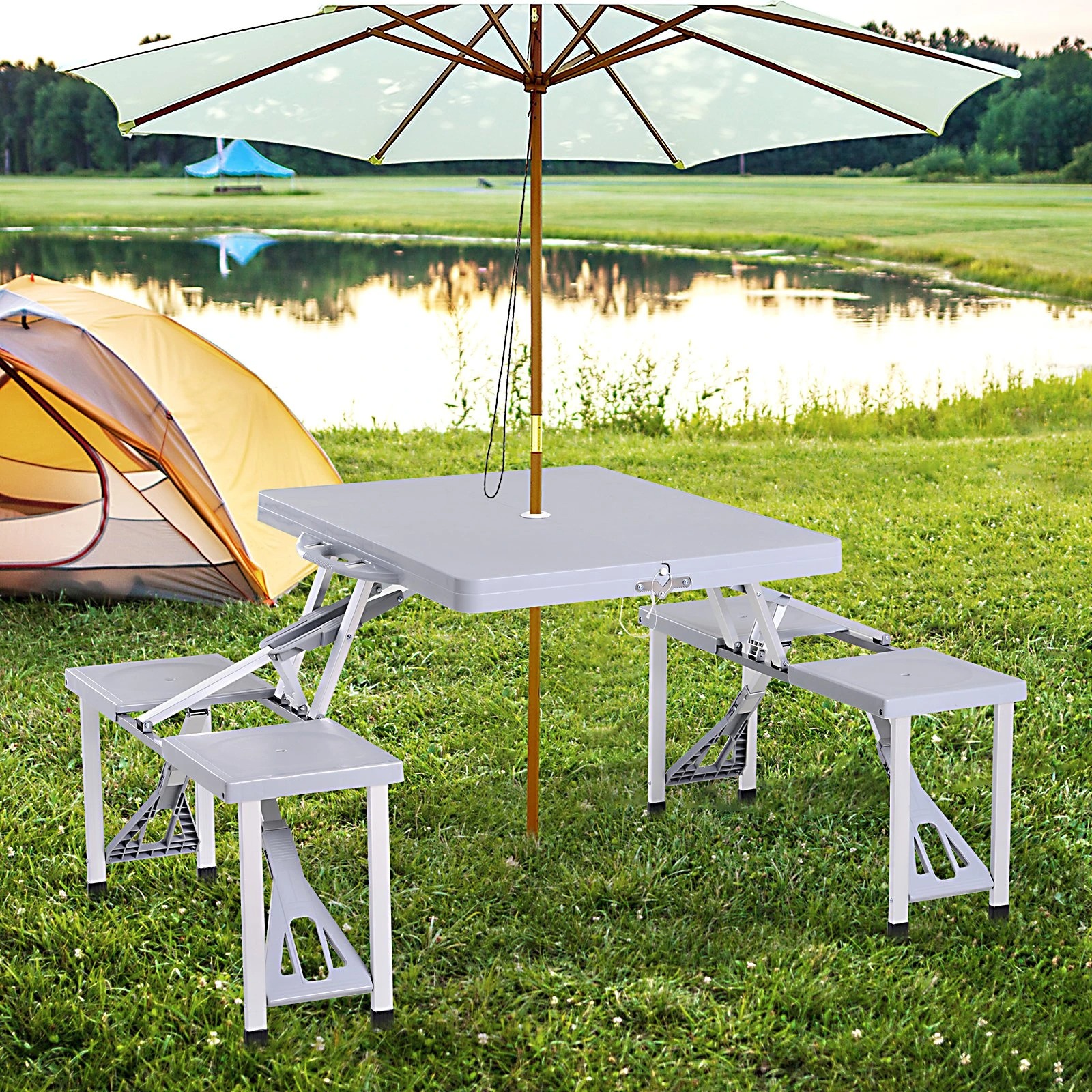  Portable Foldable Camping Picnic Table with Seats Chairs and Umbrella Hole, 4-Person Fold Up Travel Picnic Table, Grey