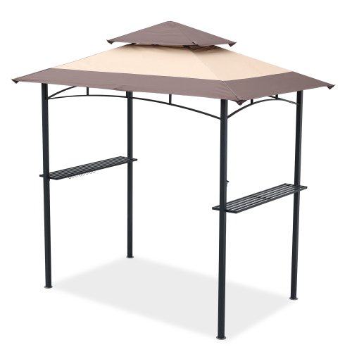 Outdoor Grill Gazebo 8 x 5 Ft, Shelter Tent, Double Tier Soft Top Canopy and Steel Frame with hook and Bar Counters,Khaki/Brown