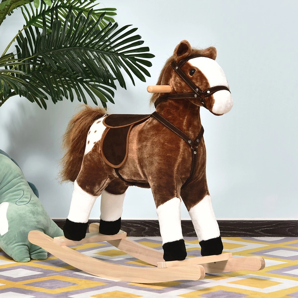 Qaba Kids Plush Rocking Horse with Realistic Sounds for Toddlers - Brown