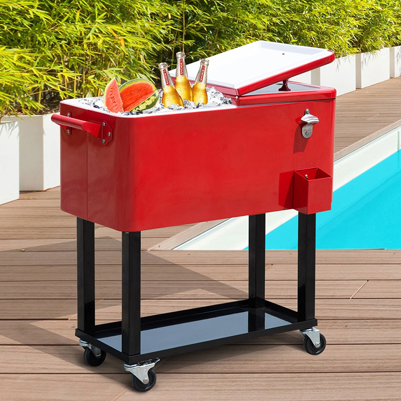Outsunny 80 Quart Steel Portable Rolling Storage Cooler Cart - Red