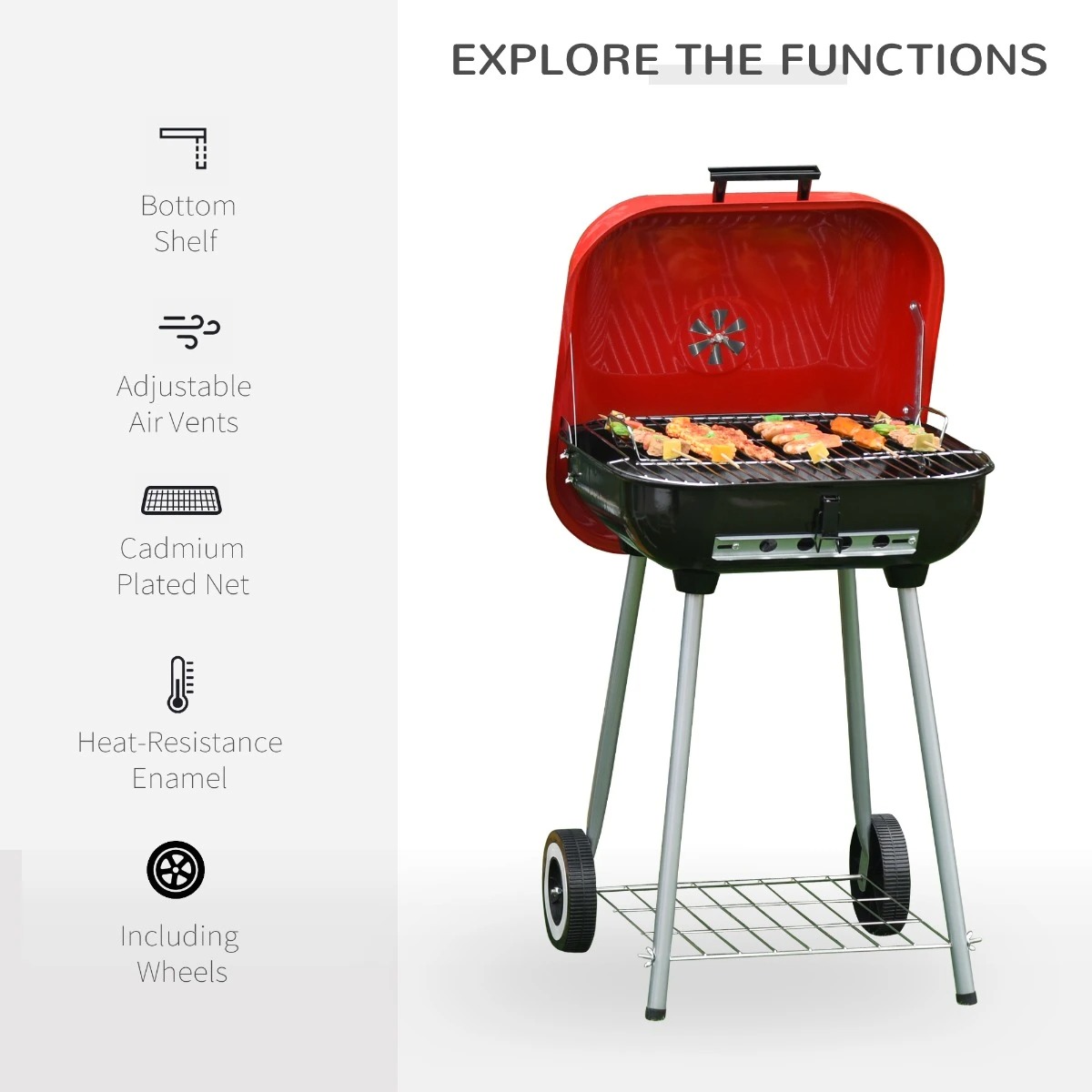 19" Steel Portable Outdoor Charcoal Barbecue Grill with Wheels