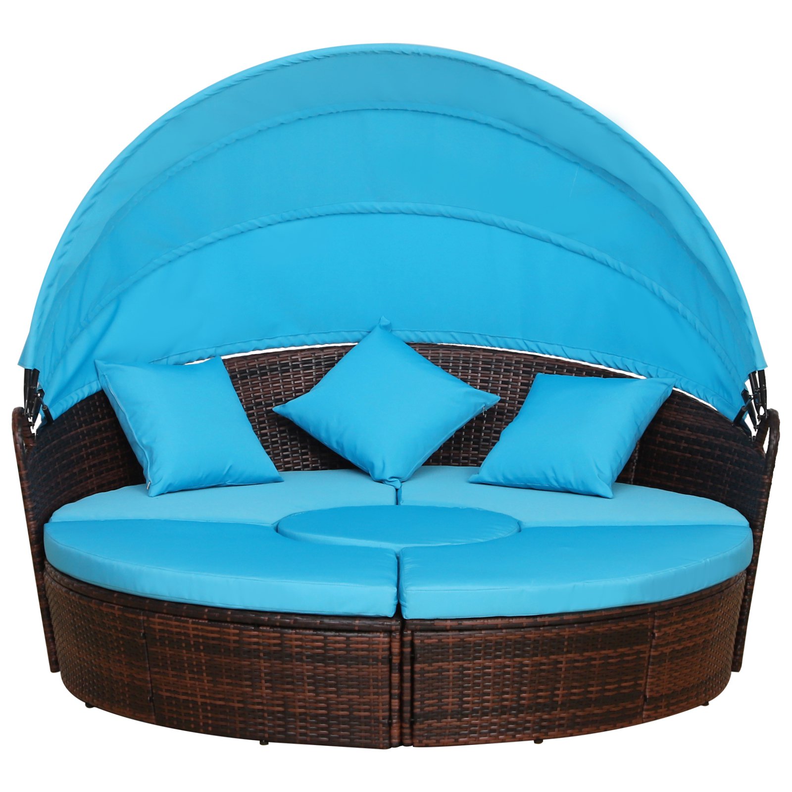 Outsunny 5 Piece Cushioned Outdoor Rattan Round Sofa Bed Coffee Table Set - Brown / Electric Blue