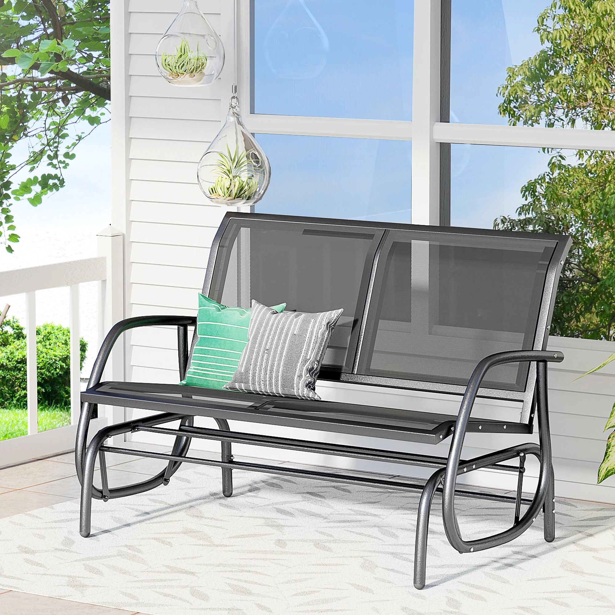 Outsunny Sling Fabric Outdoor Double Glider Rocking Chair Bench - Dark Grey