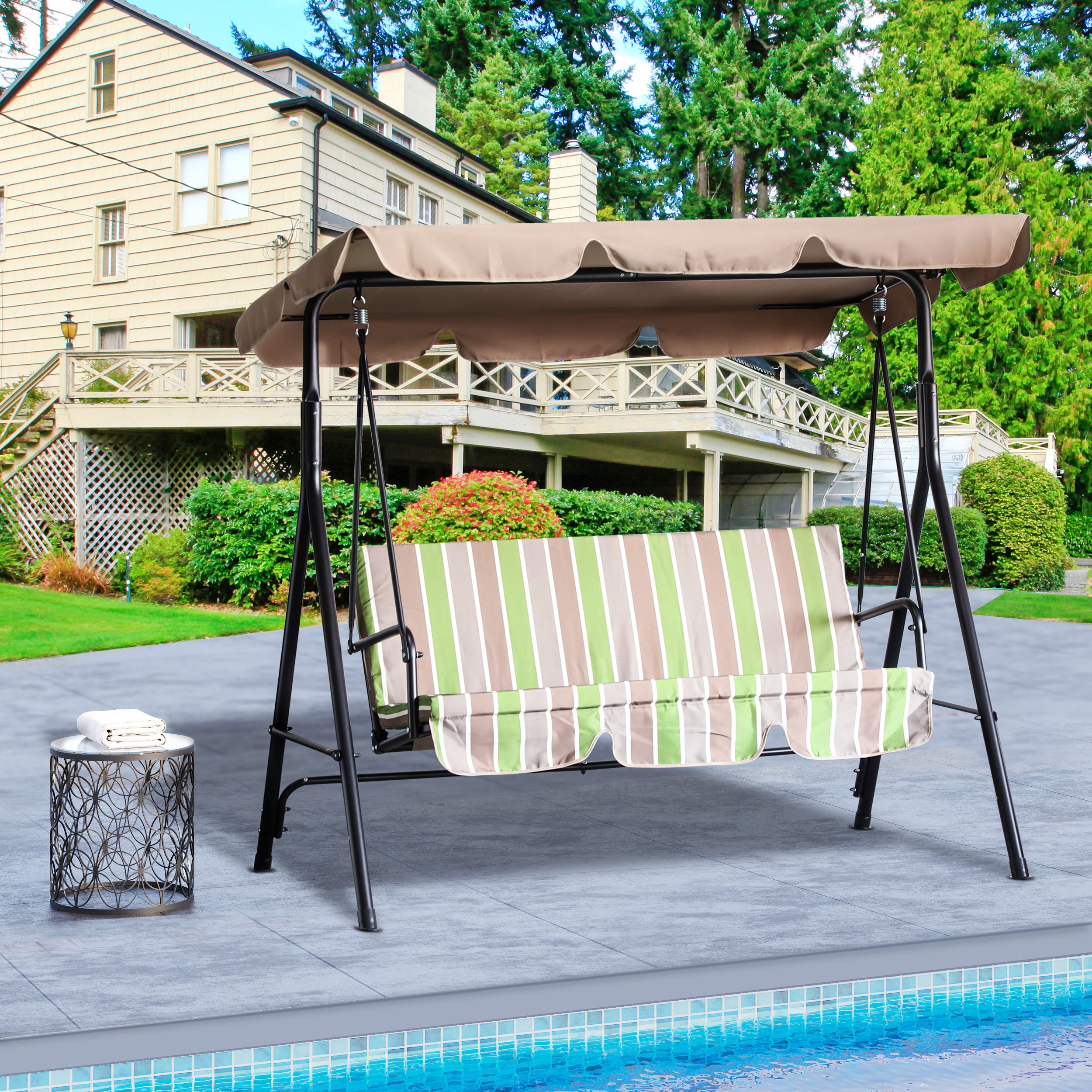 Steel Outdoor Porch Swing Lounge Chair 3 Person with Top Canopy - Multi Color Stripe
