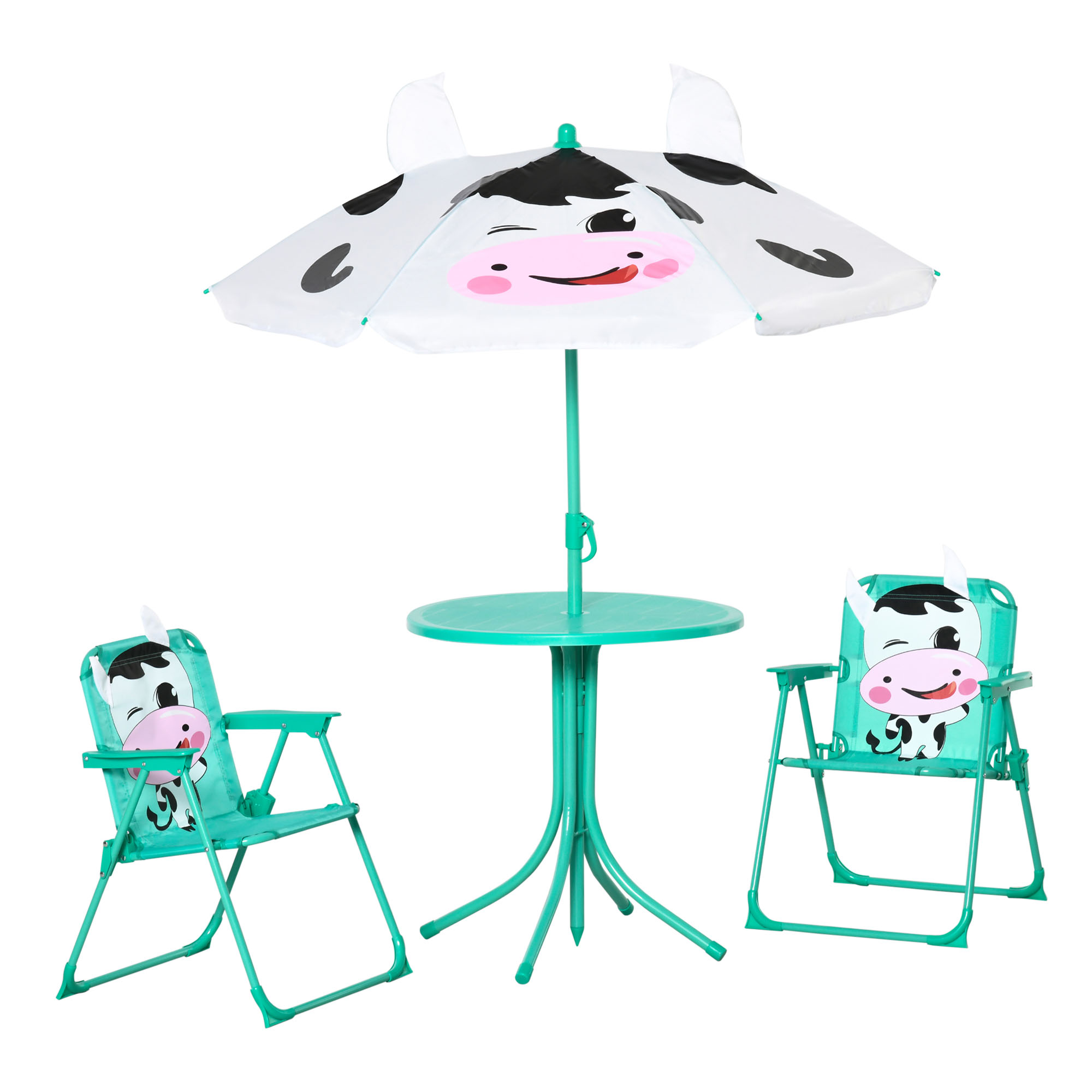 Outsunny Kids Table and Chair Set, Outdoor Folding Garden Furniture, for Patio Backyard, with Dairy Cow Pattern, Removable & Height Adjustable Sun Umbrella, Aged 3-6 Years Old