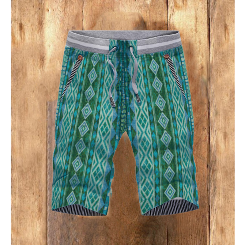 Men's retro printed cotton and linen elastic straight shorts