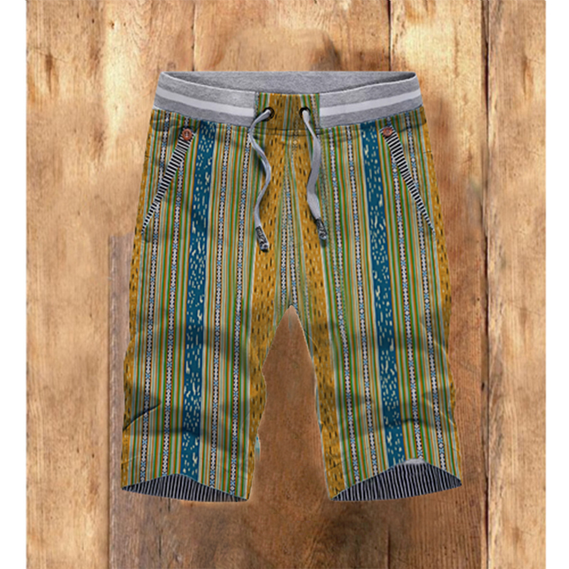 Men's retro printed cotton and linen elastic straight shorts