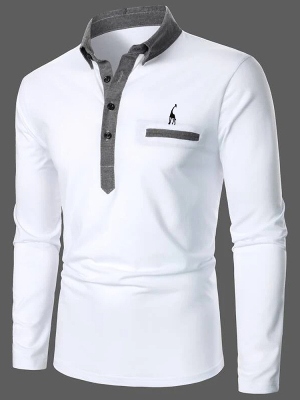 Men's contrast color long-sleeved giraffe embroidered polo shirt