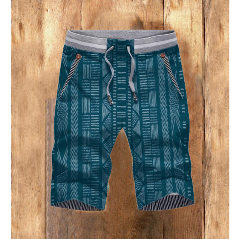 Men's retro printed cotton and linen elastic straight shorts