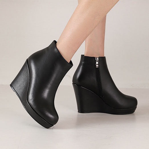 Round Toe Side Zip Platform High Heel Black Boots-BETTERSHOES