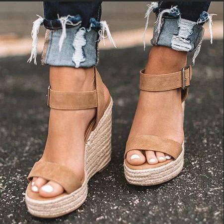 Womens Wedge Shoes Platform Sandals Espadrille Fashion Hemp Thick Bottom Ankle Buckle No Toe Ladies Sandals Summer 