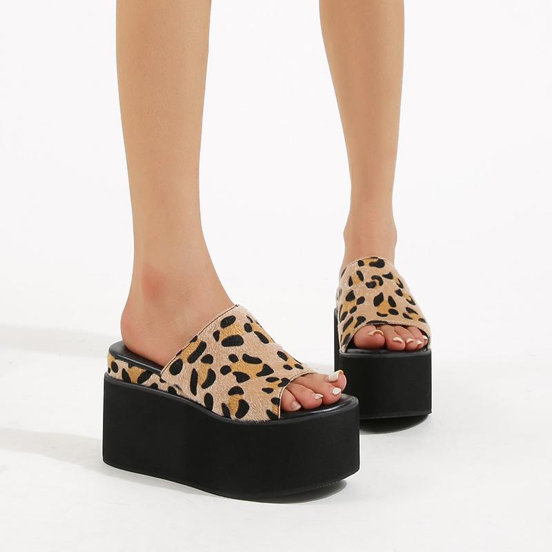Slope Heel Thick Bottom Leopard Print Slippers-BETTERSHOES