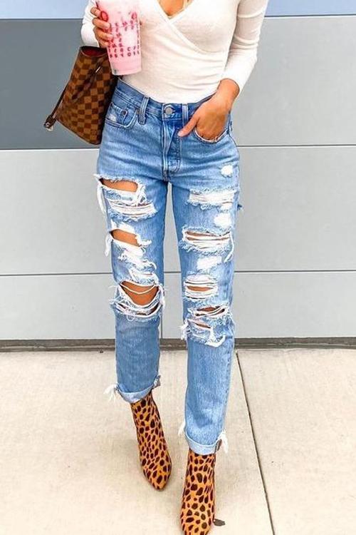 Ripped Straight Mid Waist Jeans-BETTERSHOES