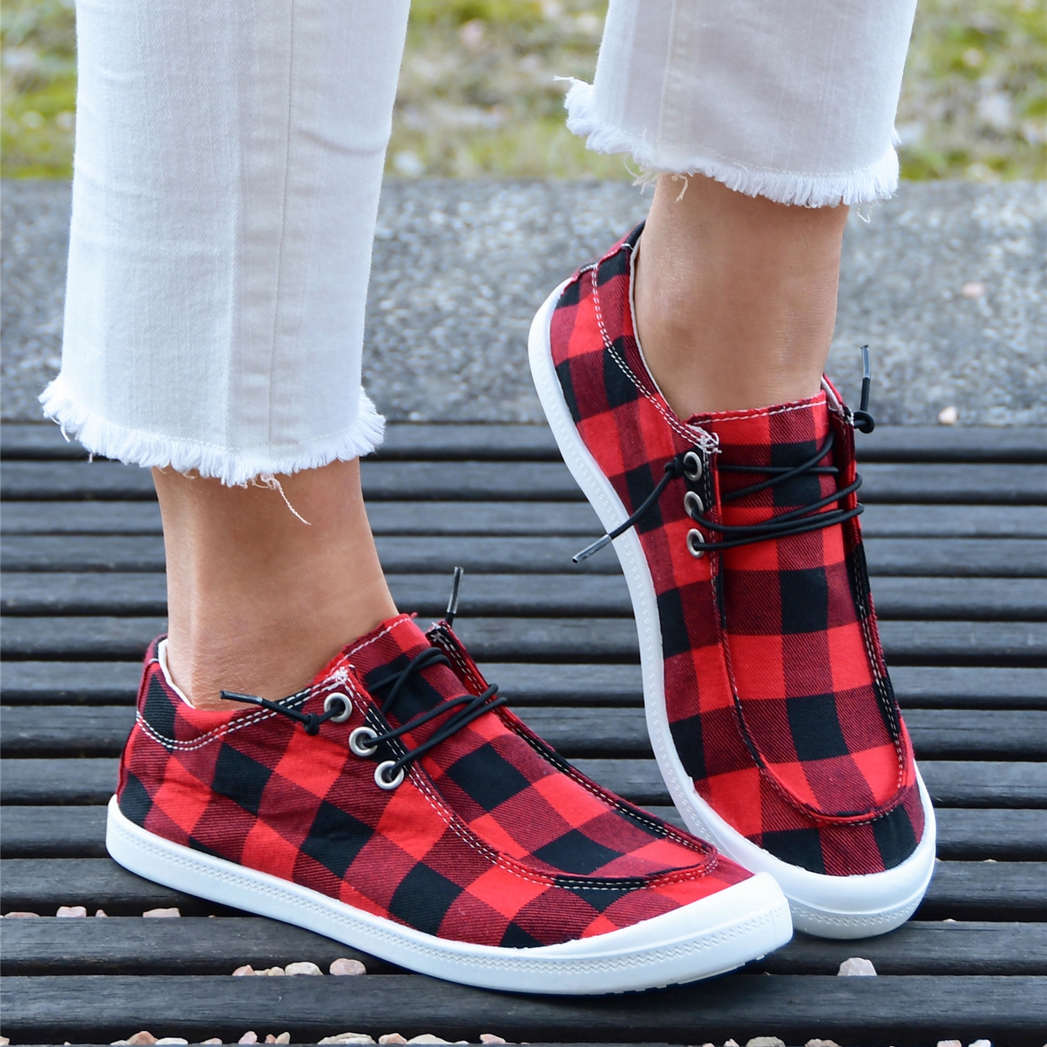 Red And Black Spliced Plaid Slip-On Canvas Shoes Flat Sneakers-BETTERSHOES