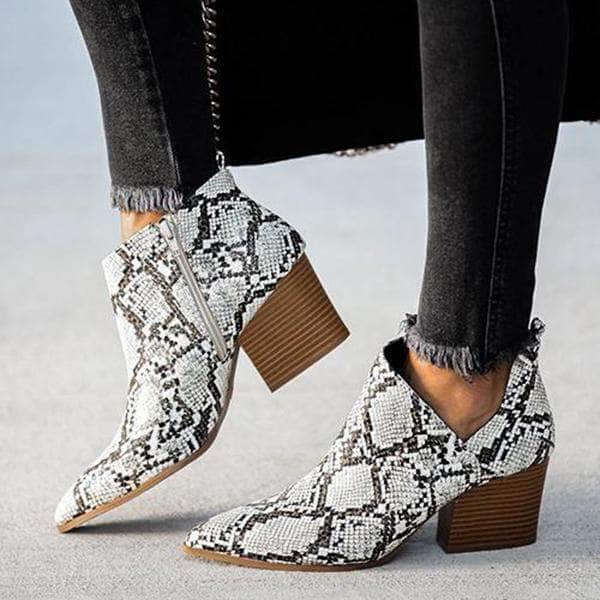 Snake Zipper Cut Chunky Heel Ankle Boots-BETTERSHOES