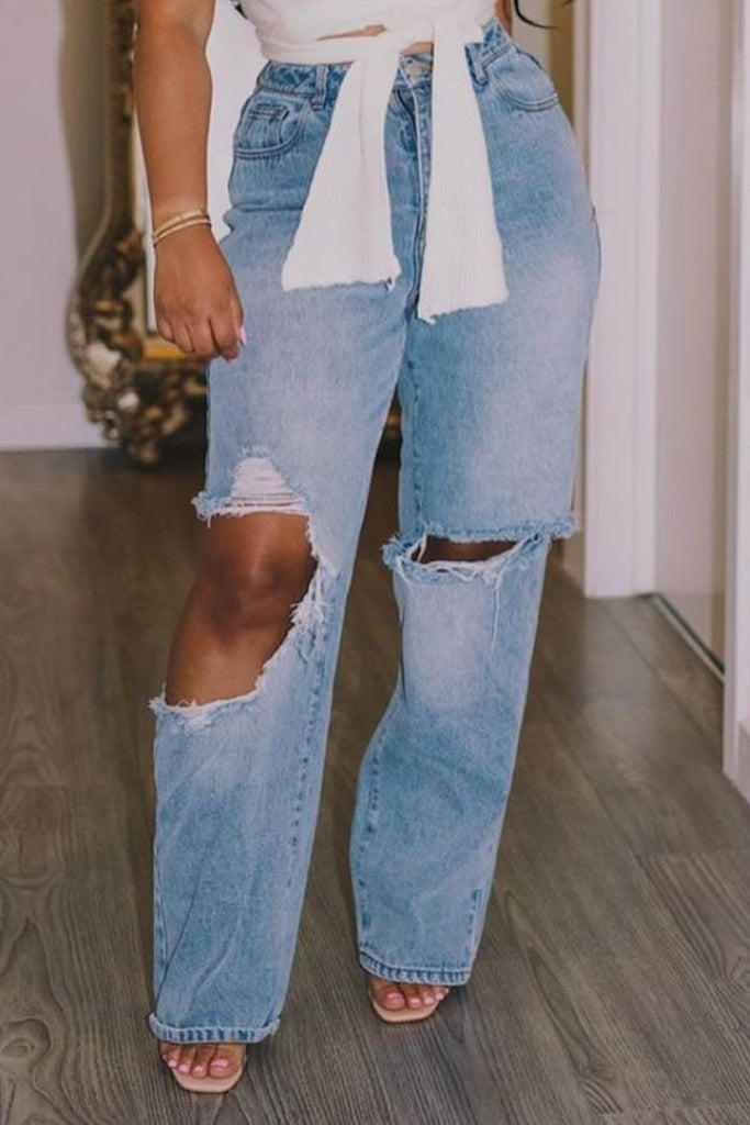 Denim Hole Distressed High Waist Jeans-BETTERSHOES