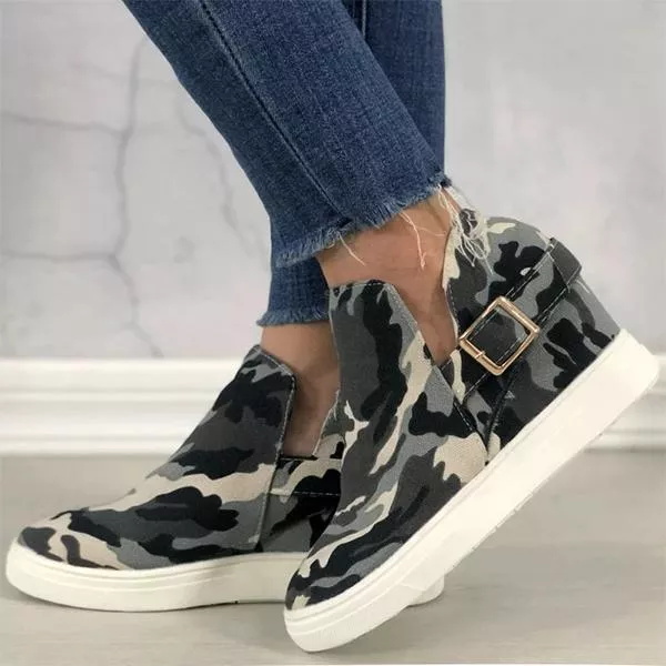 Women Wedge Heel Slip On Sneakers Canvas Camo Shoes
