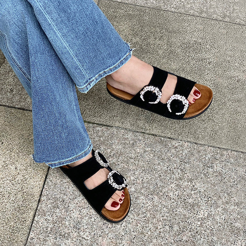 Double Strap	Buckle Ditel Flat Sandals-BETTERSHOES