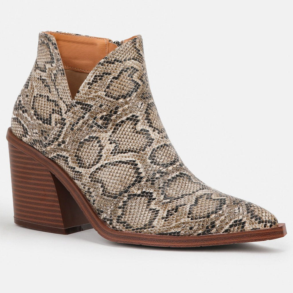Thick Heeled Pointed Toe Snake Print Leather Boots-BETTERSHOES