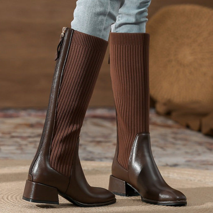 Square Toe chunky heeled long sock boots-BETTERSHOES