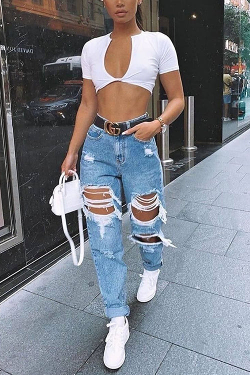 High Waist Ripped Jeans-BETTERSHOES