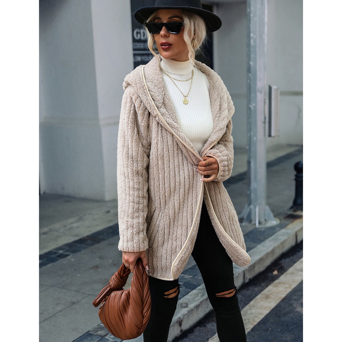 Long Sleeve Striped Hooded Fleece Cardigan-BETTERSHOES