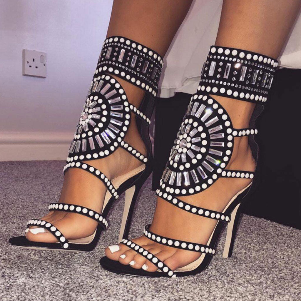 Sparkly Embellished Cut Out Open Toe High Heel Sandals - Black-BETTERSHOES