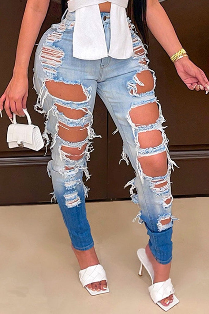 Denim Gradient Color Hole Distressed Tassels Jeans-BETTERSHOES