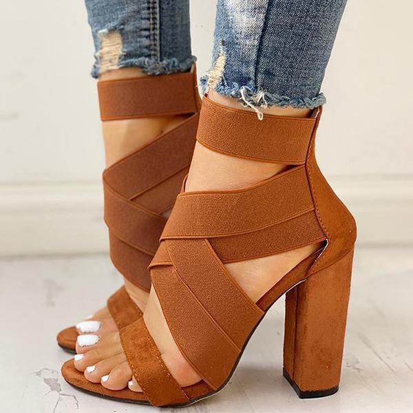 Women Bandage Crisscross Chunky Heeled Sandals-BETTERSHOES