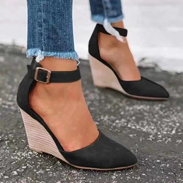 Women Classic Pointed Toe Wedges Ankle Strap Sandals