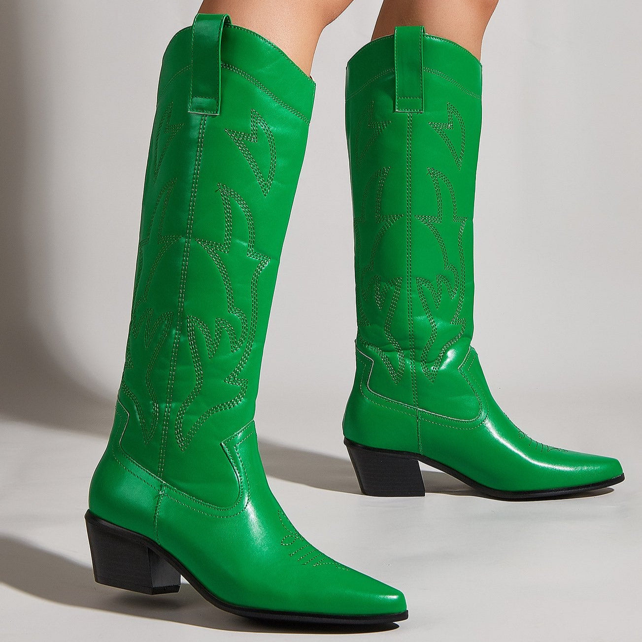 Embroidered Thick Heeled Pointed Toe Boots-BETTERSHOES