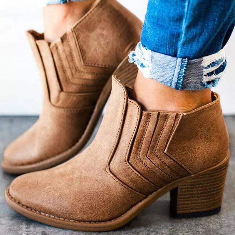 Ladies Chunky Heel Ankle Boots Slip On Round Toe Solid Brief Style Boots-BETTERSHOES