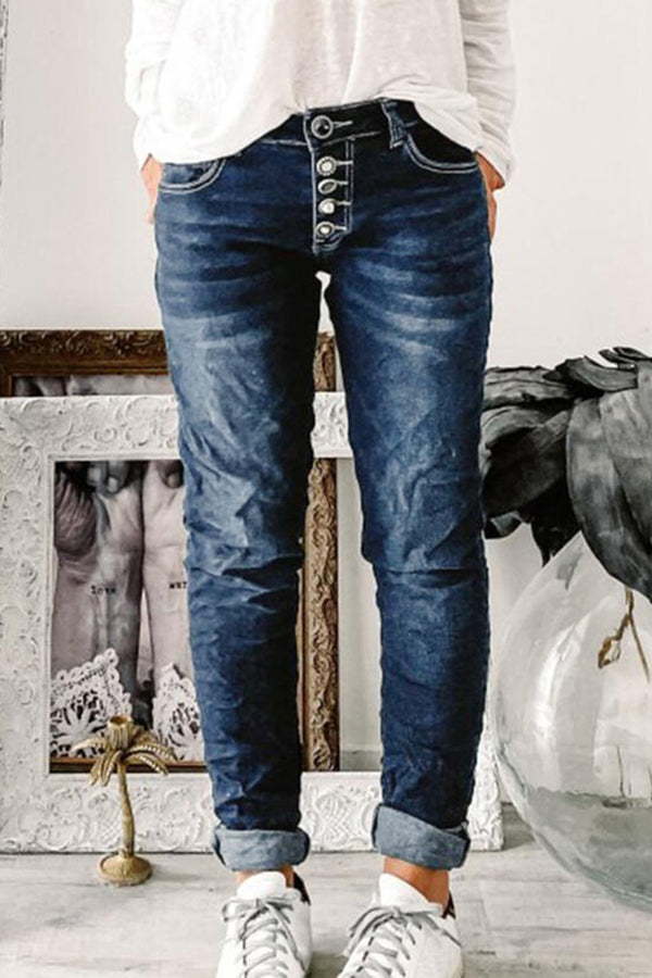 Button Fly Mid Waist Jeans-BETTERSHOES