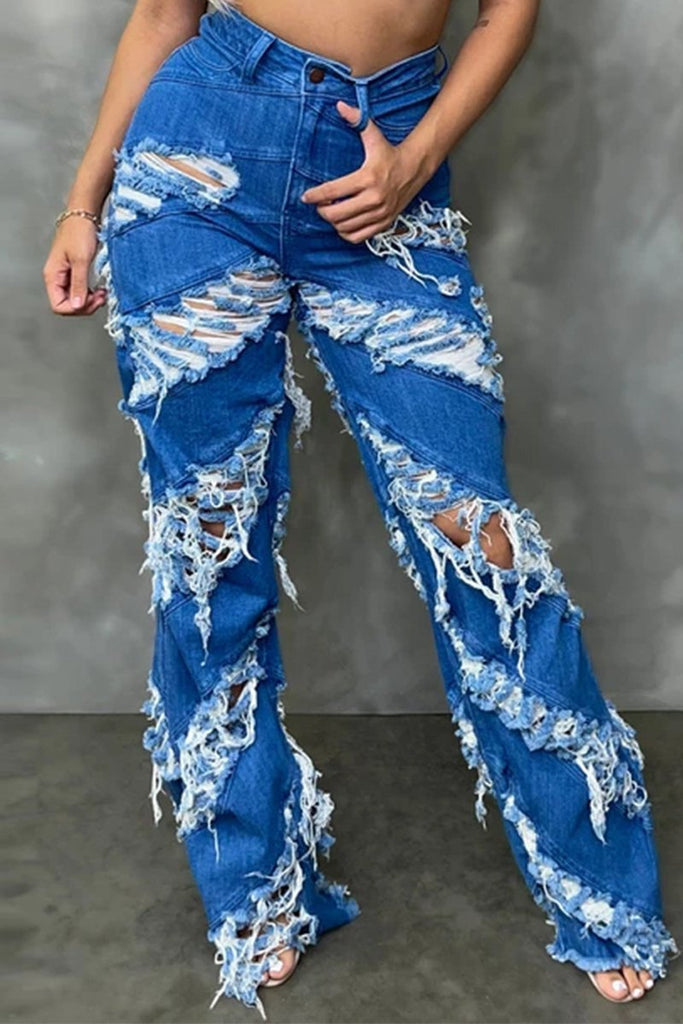 High Waist Denim Hole Distressed Jeans-BETTERSHOES