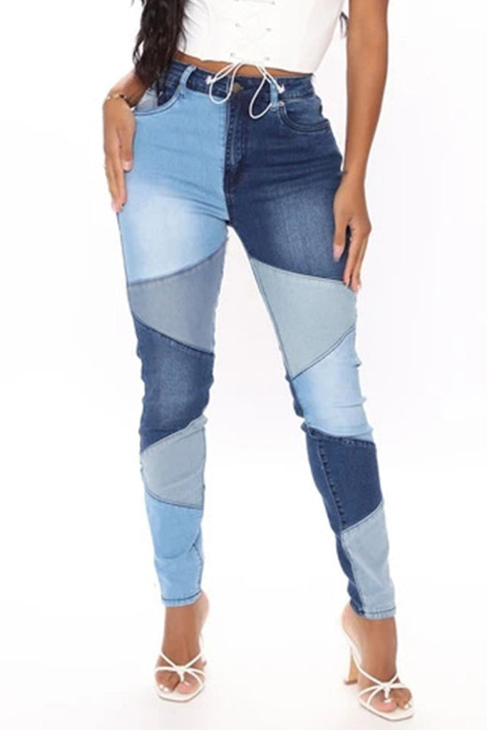 Denim Color Block Plus Size Pocket Jeans-BETTERSHOES