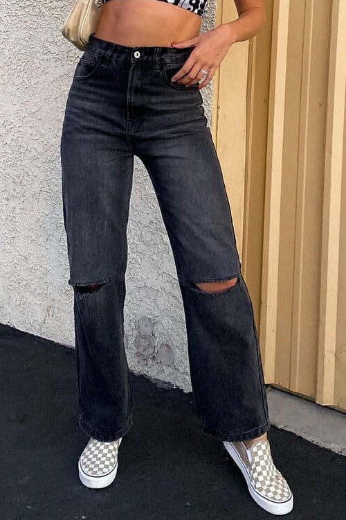 Black Borken Hole Straight Leg Jeans-BETTERSHOES